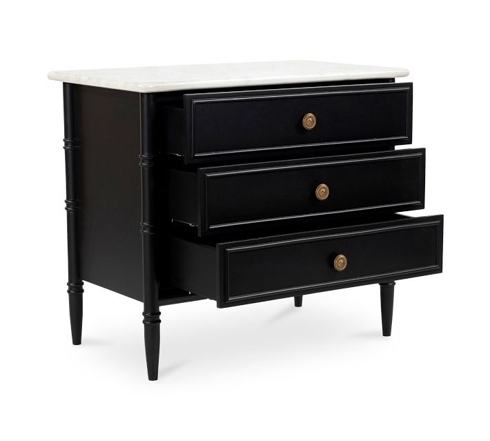 Three-drawer console with marble top, front view.