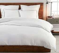 Open Box: Belgian Flax Linen Contrast Flange Duvet Cover, Full/Queen  - White/Flagstone