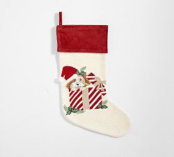 Open Box: Holiday Icons Crewel Stocking, Puppy In Present - Ivory with Red Cuff