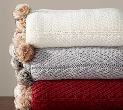 Faux Fur Pom Pom Knit Throw