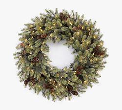Faux Lit  New England &amp; Pine Wreath with Pinecones