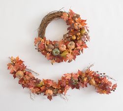 Faux Lit Harvest Wreath &amp; Garland