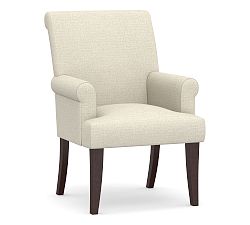 Open Box: PB Comfort Roll Arm Upholstered Dining Armchair - Basketweave Slub Oatmeal, Espresso Legs