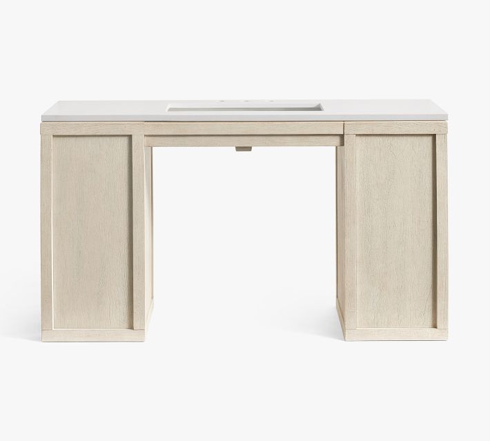 Full front view of the wooden vanity with white countertop and central drawer gap.