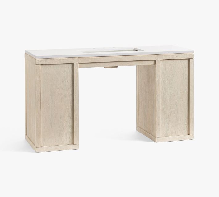 Front view of the vanity with two side cabinets and central open space.