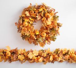 Handcrafted Lit Maple Pumpkin Wreath &amp; Garland