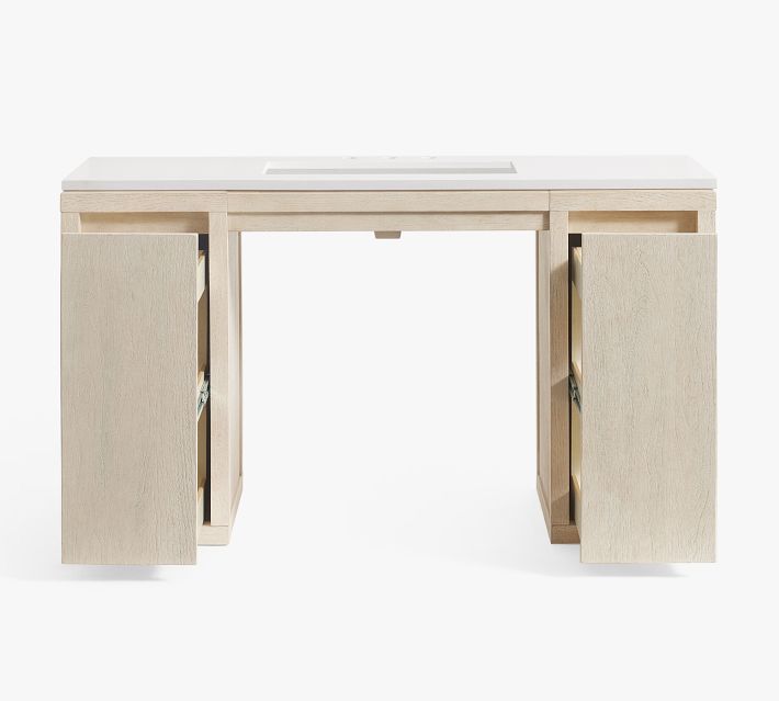 Open drawers on both sides of the vanity showing interior storage.