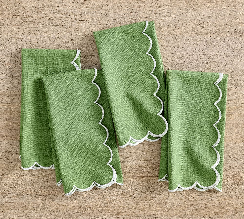 Scallop Border Cotton/Linen Napkins - Set of 4 - Set of 4 - Green/White