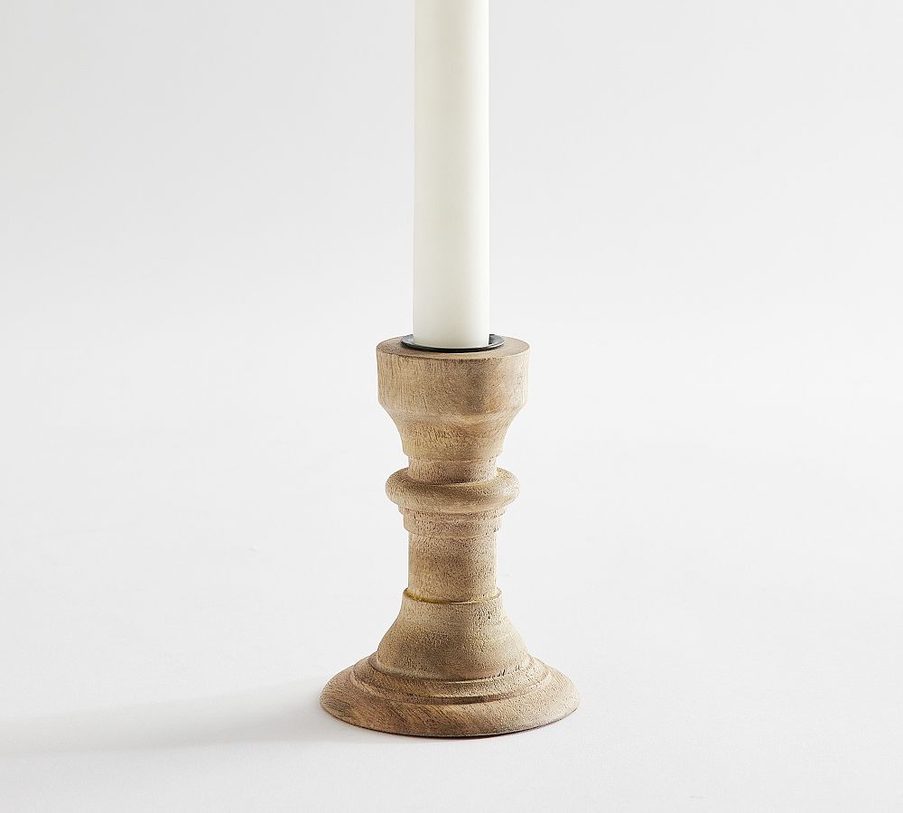 Kadence Turned Wood Candle Holder - Small - Light Brown