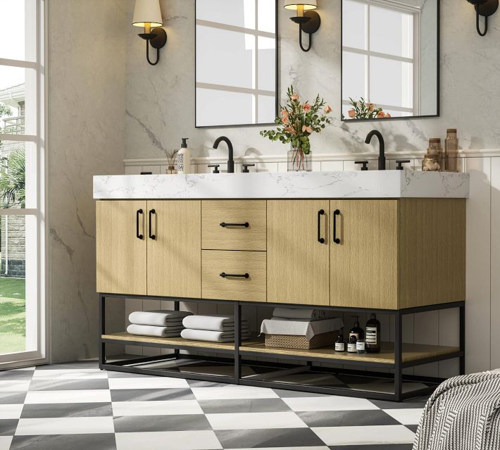 Close-up detail of the countertop edge and sinks with black faucets.