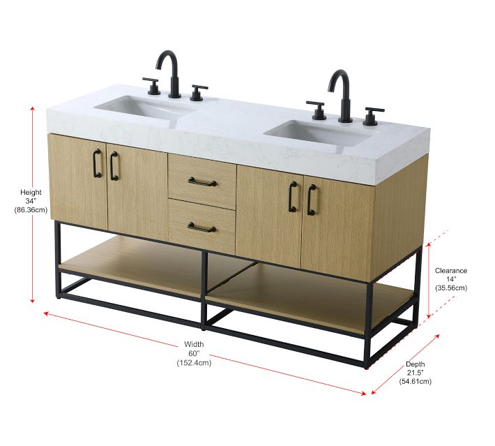 Dimensions overlay with height 34", width 60", depth 21.5" for bathroom vanity