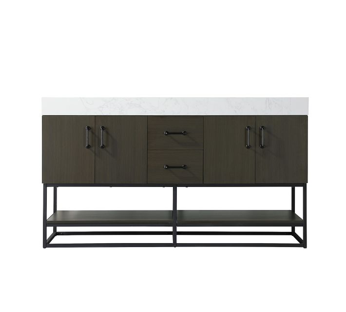 Front view of dark wood bathroom vanity with lower shelves