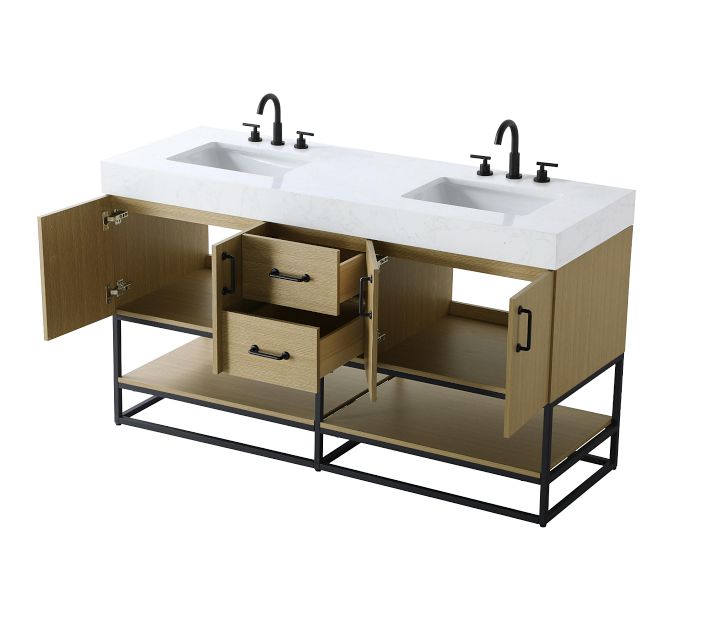 Open vanity with two sinks, drawers, cabinet doors, and a lower open shelf