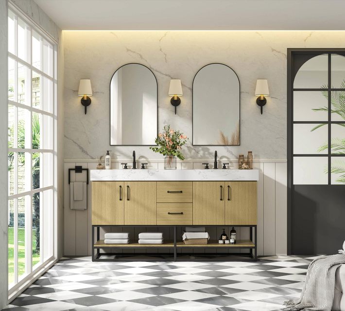 A modern bathroom vanity with a white marble countertop, dual sinks, and a wooden cabinet with black metal frame and open shelving.