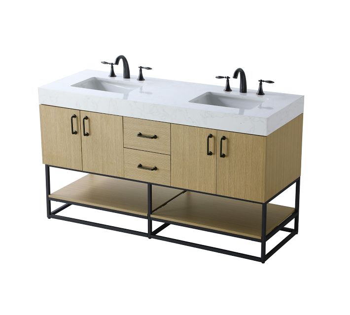 Front view of the vanity showing drawers, cabinet doors, and top with double sinks