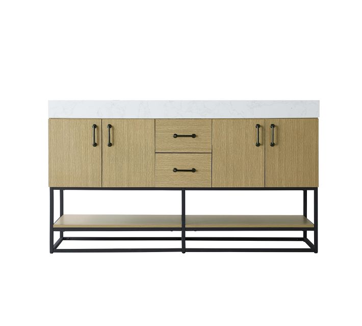 Full view of the vanity with countertop, cabinet doors, and open lower shelves