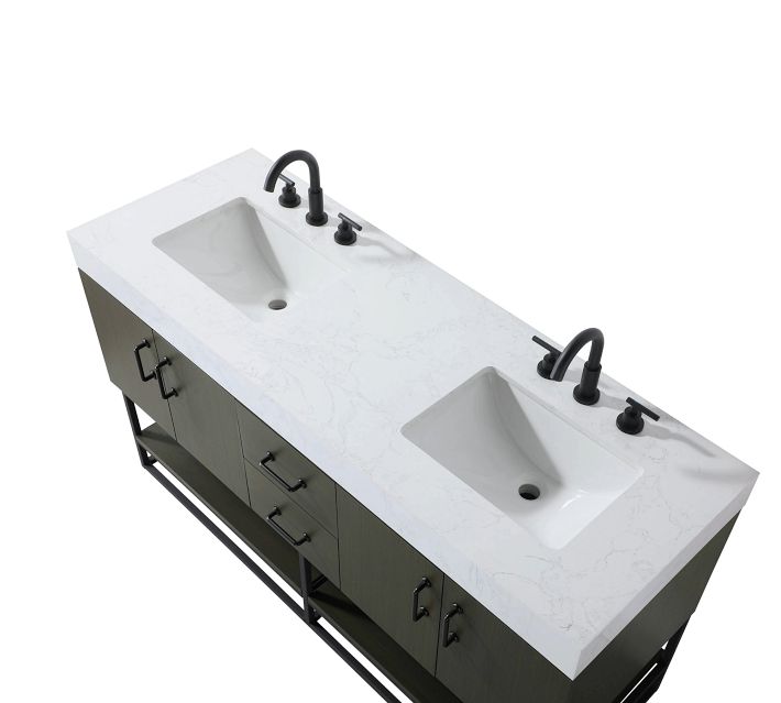 Top view of double sink vanity with two basins and faucets