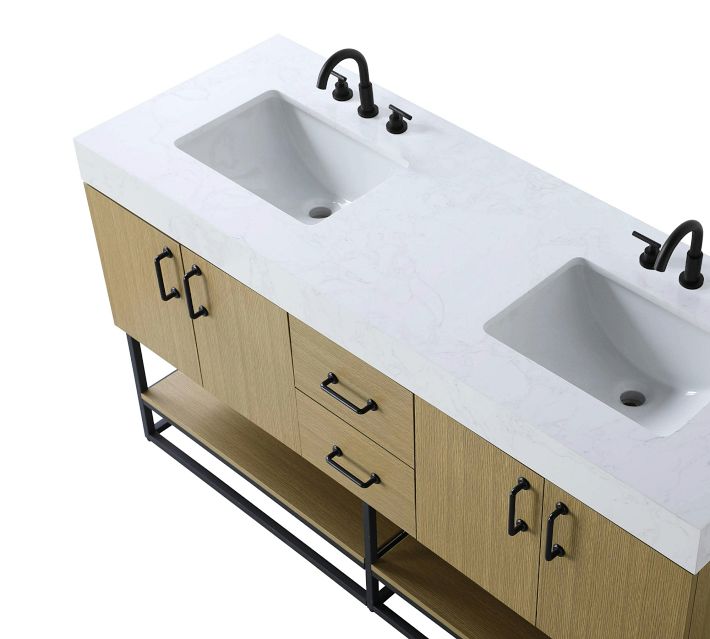 White double sink vanity countertop with black faucets and wood cabinetry