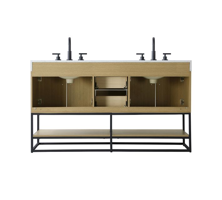 Front view of double sink vanity with faucets and open lower shelf, reinstall schematic