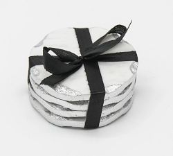 Handpainted Marble Silver Rimmed Coaster, Set of 4