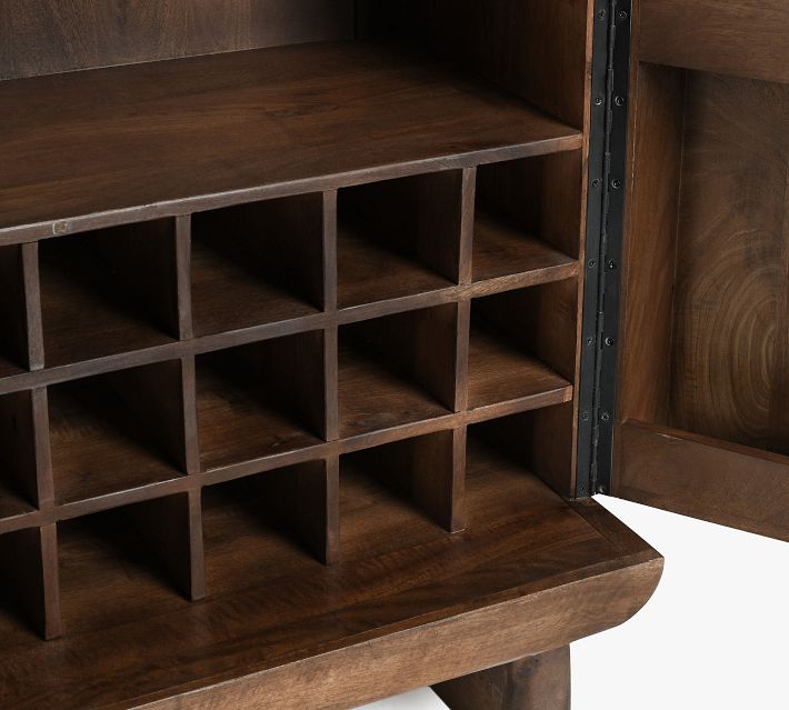 Open cabinet with multiple small compartments and wine rack spaces
