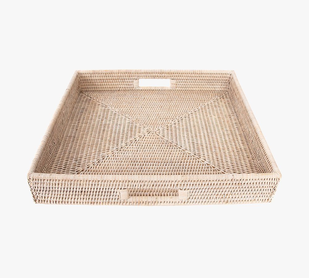 Tava Handwoven Rattan Square Serving Tray - 18"L X 18"W, White Wash