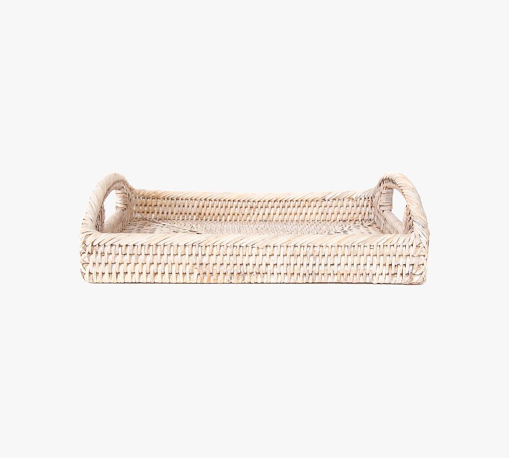 Tava Handwoven Rattan Rectangular Serving Tray - 11"L X 8"W, White Wash