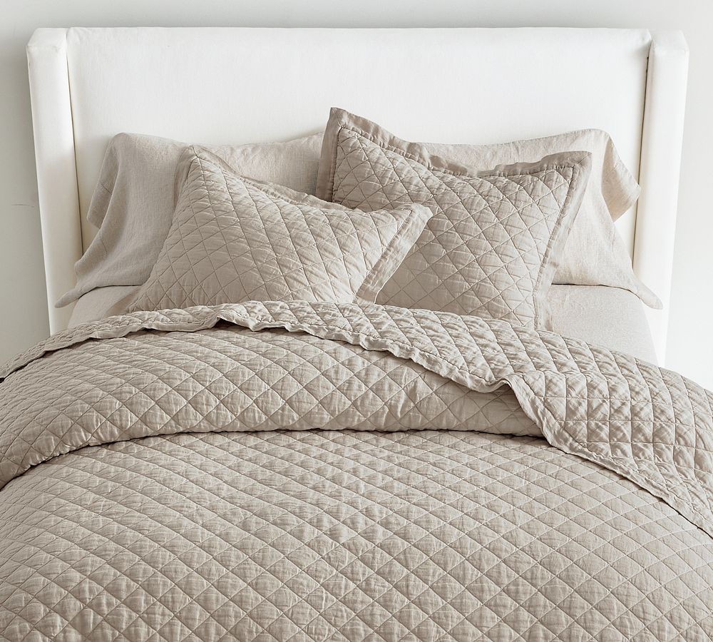 Belgian Flax Linen Diamond Quilt - Warm Gray, King/Cal. King