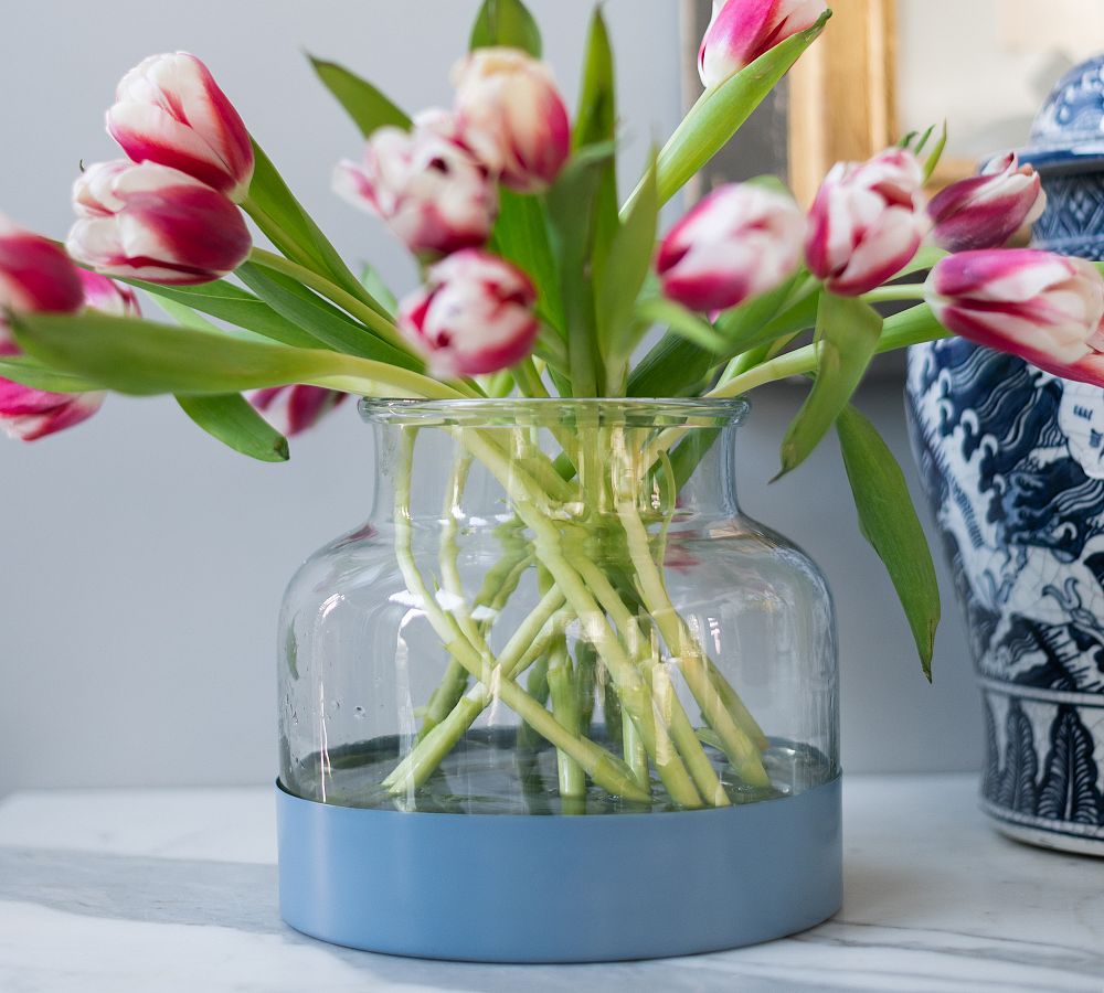 Handcrafted Color Block Vase and Tray Trio - Light Blue/Dark Blue/White