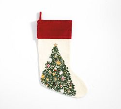Open Box: Crewel Stocking, Tree - Ivory, Red cuff