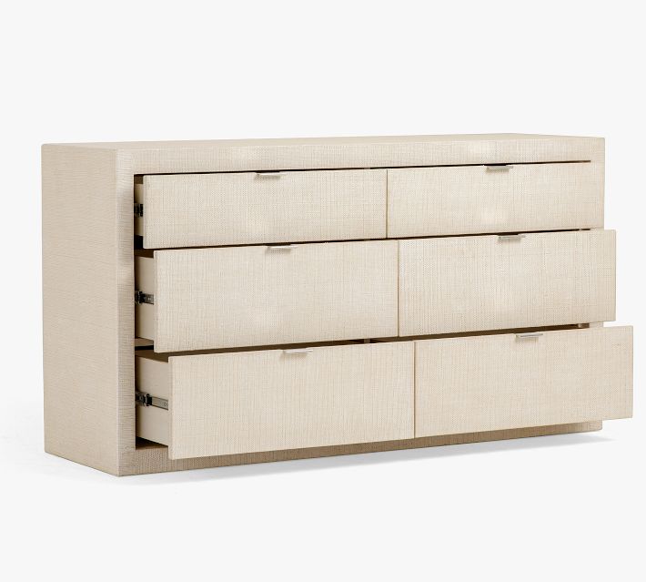 Dresser with all drawers partially open showing internal slides.