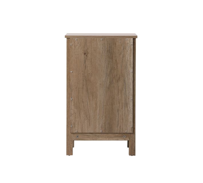 Back view of tall wooden cabinet showing back panel with screws