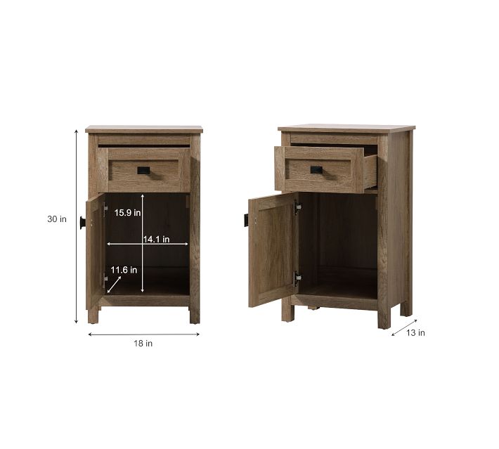 Two views of nightstand with dimensions overlay, showing drawer and cabinet measurements