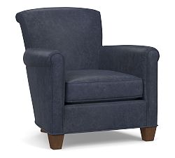 Open Box: Irving Roll Arm Leather Chair, Polyester Wrapped Cushions, Statesville Indigo Blue