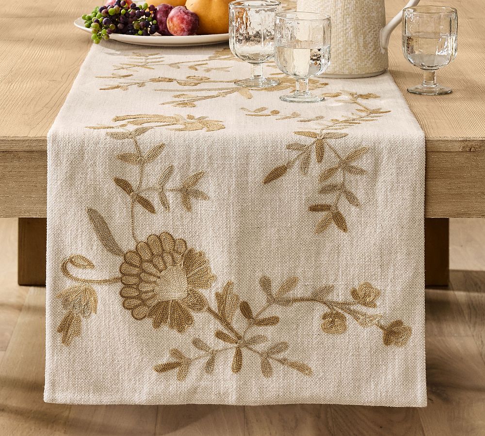 Liana Crewel Embroidered Cotton Table Runner - 18" x 108" - Neutral