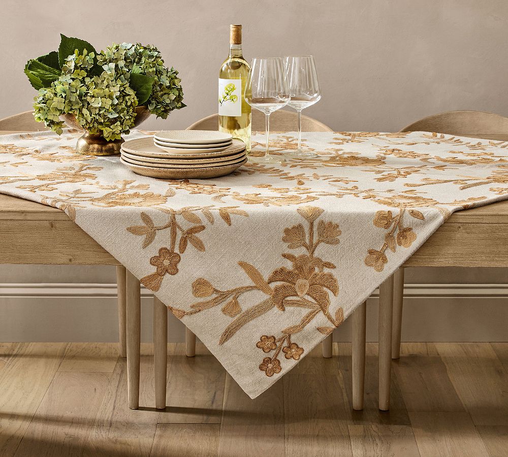 Liana Crewel Embroidered Cotton/Linen Table Throw - 50" x 50" - Neutral