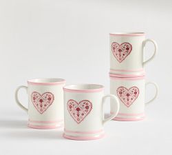Heart Block Print Stoneware Mugs - Set of 4