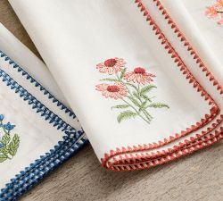 Botanical Embroidered Cotton/Linen Napkins - Mixed Set of 4