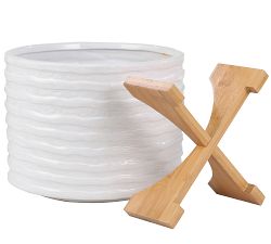 Kennedy Textured Ceramic Planters on Wooden Stand