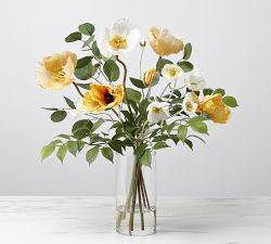 Faux Yellow &amp; White Poppy Arrangement In Glass Vase