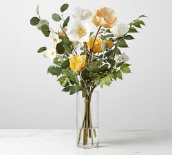 Faux Yellow &amp; White Poppy Arrangement In Glass Vase