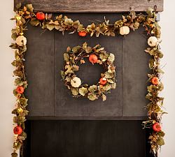 Pre-Lit Faux Natural Pumpkin Wreath &amp; Garland
