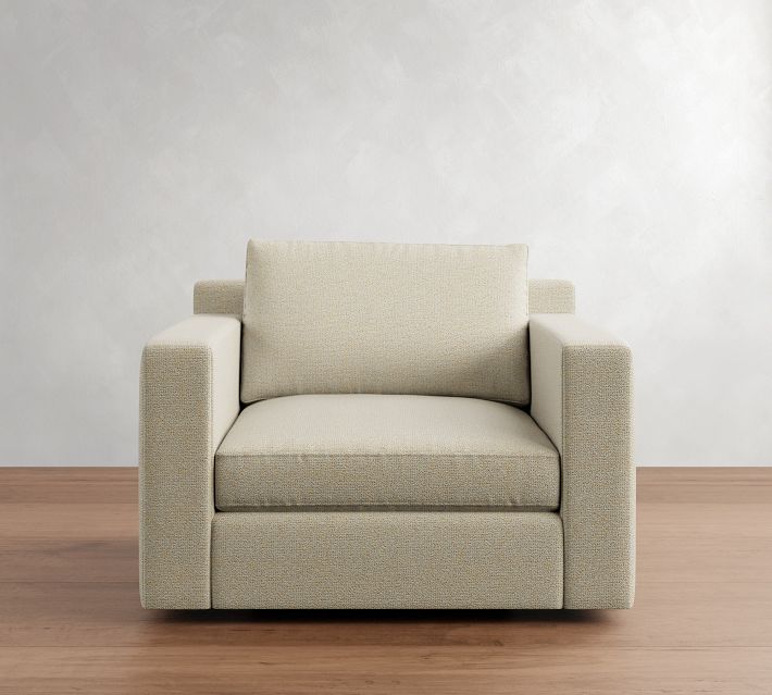 Front view of a beige armchair with a single back cushion.