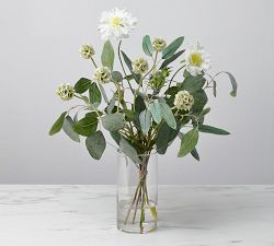 Faux White Scabiosa Arrangement In Glass Vase