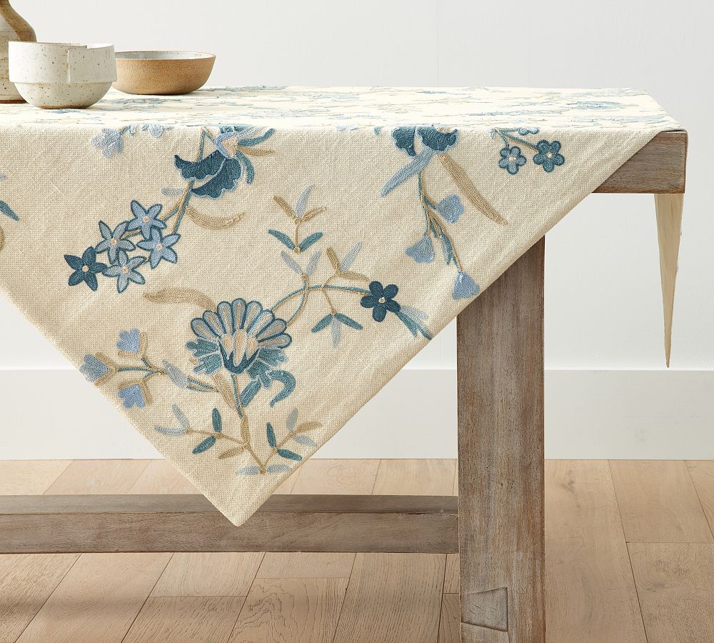 Liana Crewel Embroidered Cotton/Linen Table Throw - blue