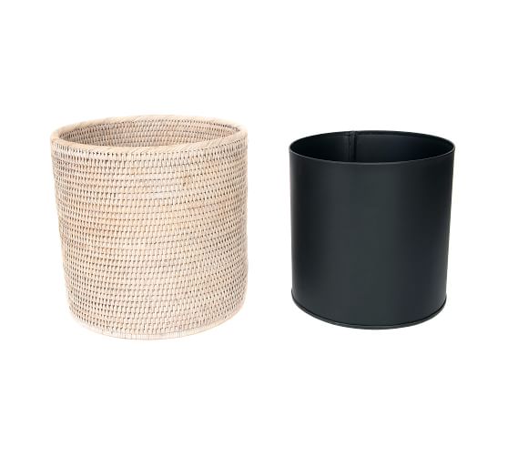Tava Handwoven Rattan Round Tapered Waste Basket With Metal Liner - Thumbnail 2