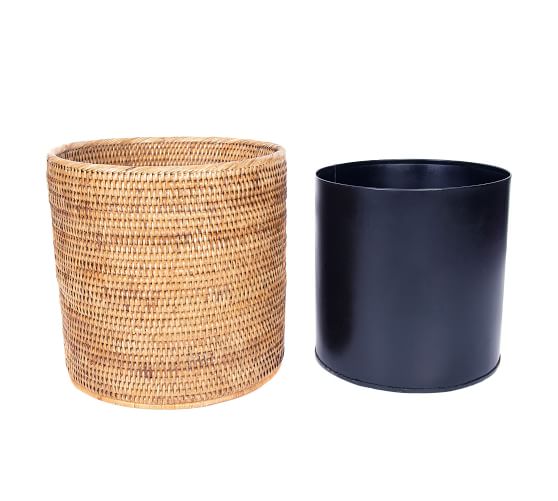 Tava Handwoven Rattan Round Tapered Waste Basket With Metal Liner - Thumbnail 5