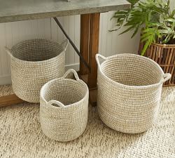 Dahlia White Rivergrass Handled Baskets, Set of 3