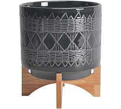 Paloma Textured Ceramic Planters on Wooden Stand