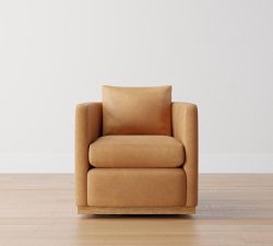 Ayden Barrel Arm Leather Wood Base Swivel Chair